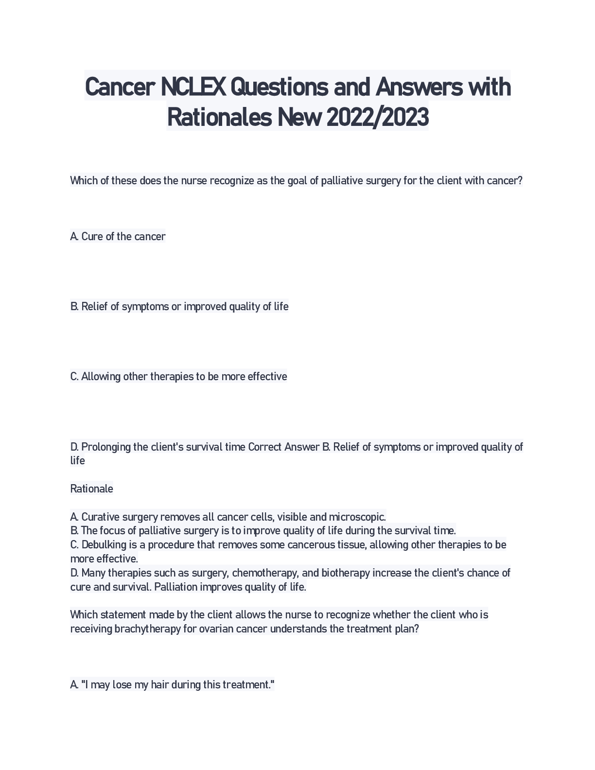 Preview image for Cancer NCLEX Questions and Answers with Rationales New 2022/2023